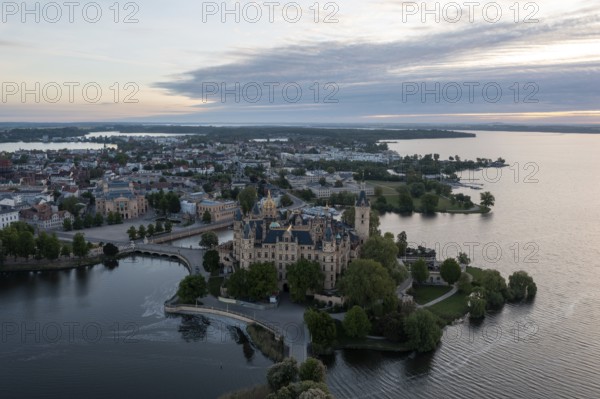 Schwerin Castle in the morning, Unesco World Heritage Site, drone shot, Schwerin,