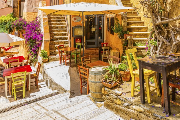 Street cafe in Via Cavour, Capoliveri, Elba Island, Tuscan Archipelago National Park, Tuscany,
