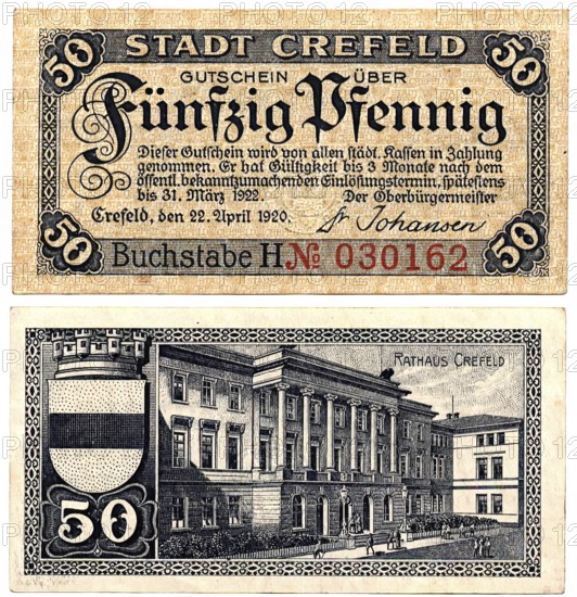 Banknote, banknote, emergency money, 50 Pfennig, city of Krefeld, 1920, Germany, reproduction of a