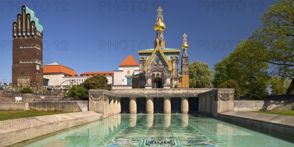 Wedding Tower, Russian Chapel and Lily Basin, Mathildenhöhe, UNESCO World Heritage Site, Darmstadt,