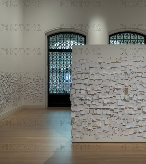 Gropius Bau Berlin, interior view, room with countless post it at the end of an exhibition, Berlin,