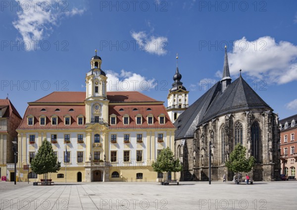 Baroque town hall, Protestant late Gothic St. Mary's Church, town church, market square,