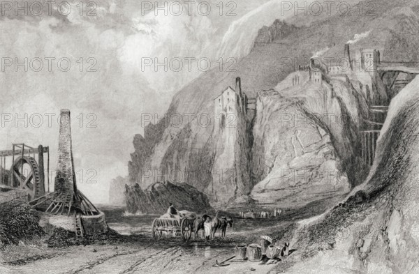 Botallack mine, Cornwall, England in the 19th century. From the Cyclopaedia of Useful Arts and
