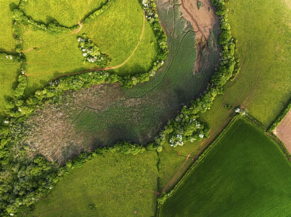 Top Down over Marshes over River Dart from a drone, Stoke Gabriel, Totnes, Devon, England, United