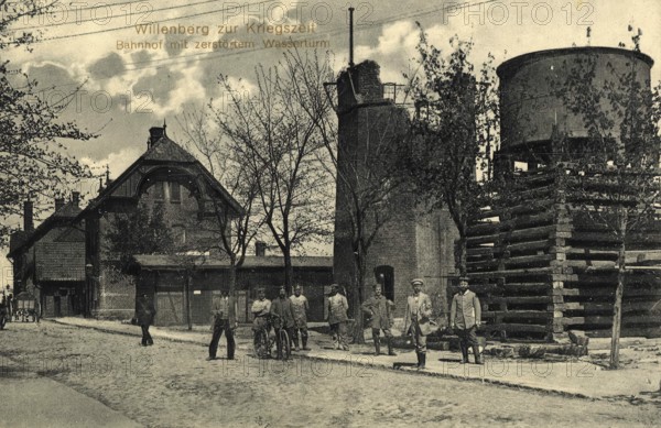 Historical postcard, picture postcard, Willenberg during the war, railway station with destroyed