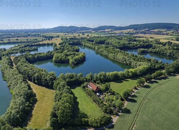 Landscape around the Weser lowlands near Großenwieden, aerial view. Hessisch Oldendorf, Lower