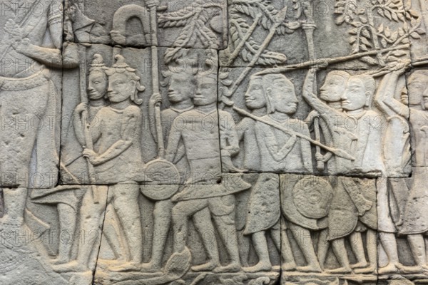 Stone bas-reliefs, Khmer war campaign against the Cham, relief wall, east façade, Bayon temple,