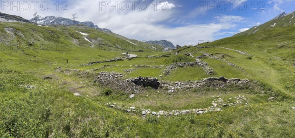 Panoramic photo of foundation walls ruins of 2000 years old historical ancient Roman hostel Mansio