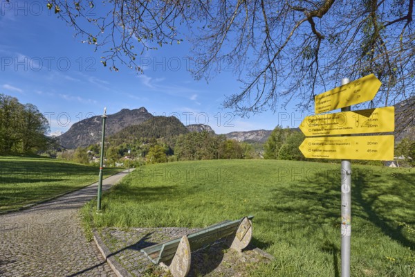 Mountain landscape, mountains, hills, bench, footpath, cobblestones, trees, lawn, signpost to