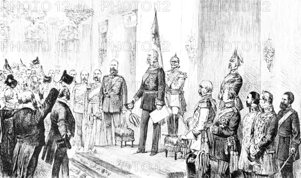 Opening of the Reichstag 1971 by Prussian King Wilhelm I, House of Hohenzollern, delegates waving