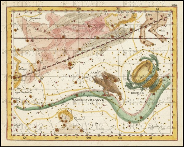 Zodiac sign raven, water snake and cup, star chart, universe, astrology, horoscope, after Johann