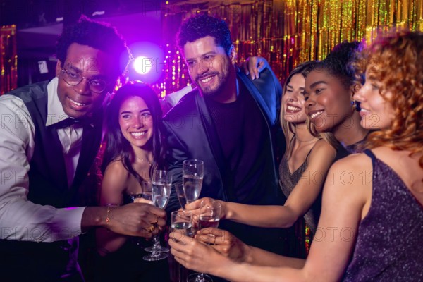 Happy multi ethnic friends celebrating new year's eve, toasting with champagne flutes at a