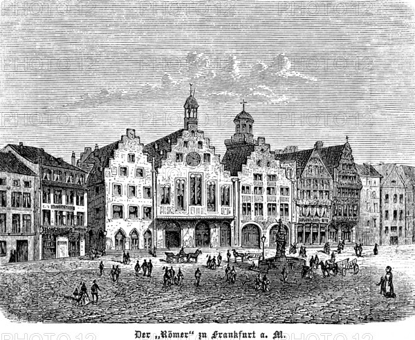 Row of houses on Römerberg with town hall, old town of Frankfurt, facades, stepped gables, gabled