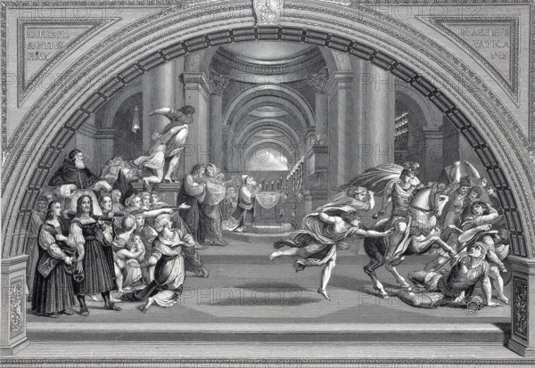 The Expulsion of Heliodorus from the Temple, Room of Heliodorus, steel engraving after a painting