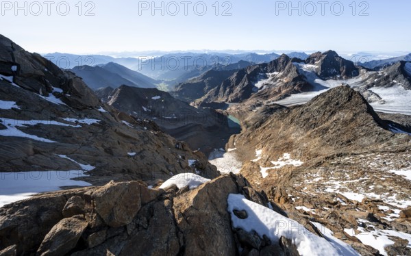 Panoramic view Mountain panorama into the Ridnaun valley, ascent to the Wilder Freiger, summit of
