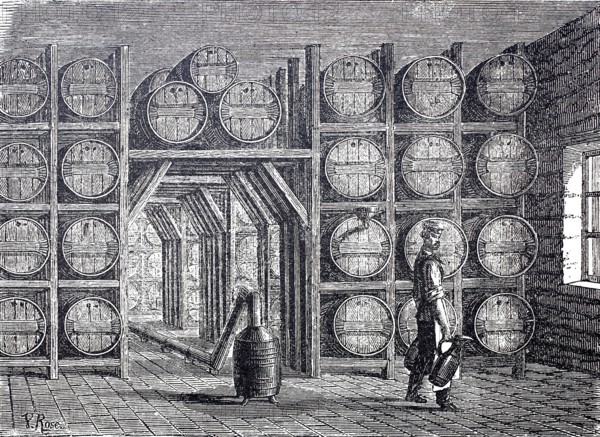 Vinegar production, fermentation room with barrels of vinegar, around 1870, digitally enhanced