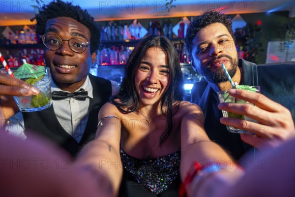 Cheerful friends capturing a joyful selfie while savoring colorful cocktails in a lively nightclub