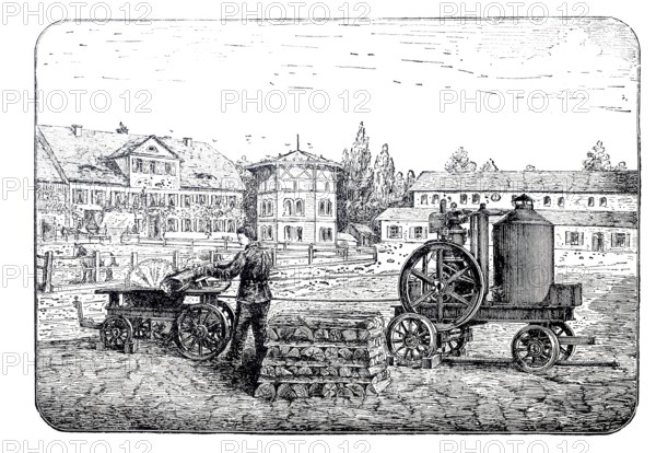 Mobile circular saw and splitting machine with petrol engine, designed by J.M. Grob & Co. from