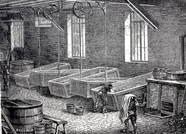 Leather processing, worker in a white tannery in Hungary, around 1880, digitally enhanced