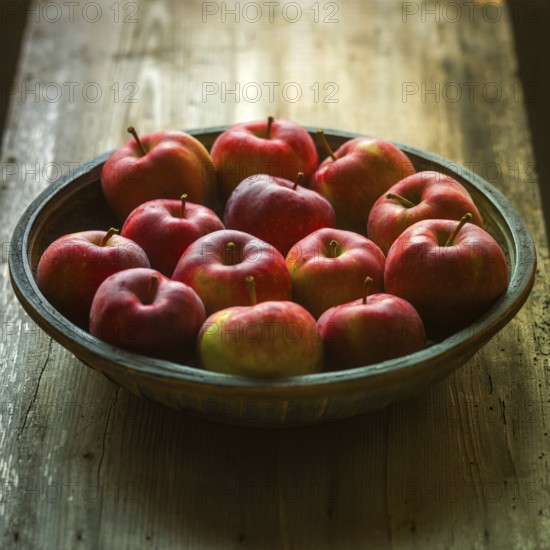 A rustic wooden bowl filled with freshly harvested red apples sits atop a weathered wooden table.