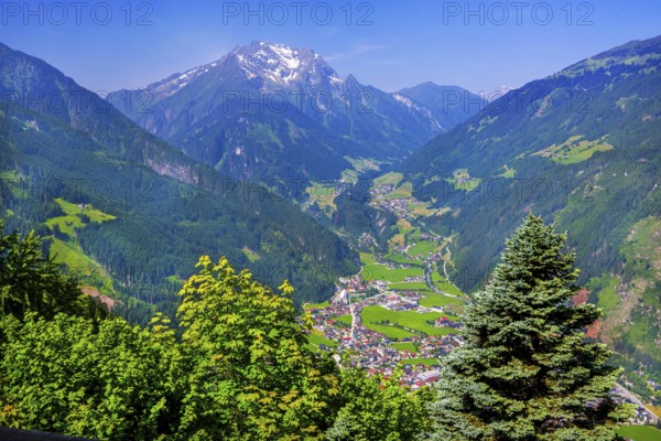 View of the village with Finkenberg and the Grinbergspitzen 2884m, Mayrhofen, Zillertal, Zillertal