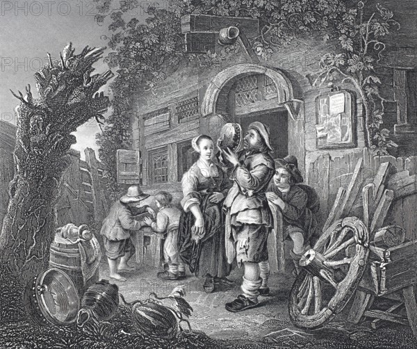 The tinker checking a pot for reproducibility, travelling craftsman, steel engraving after a