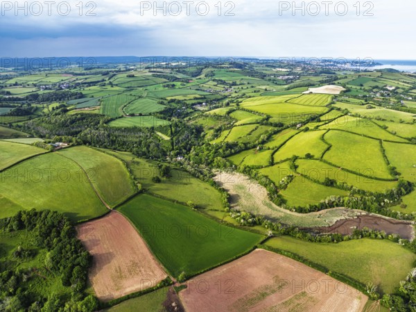 Farms and Fields over River Dart from a drone, Stoke Gabriel, Totnes, Devon, England, United