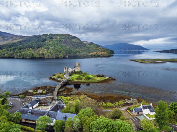 Eilean Donan Castle and Loch Duich from a drone, Isle of Skye, Highlands, Scotland, England, United