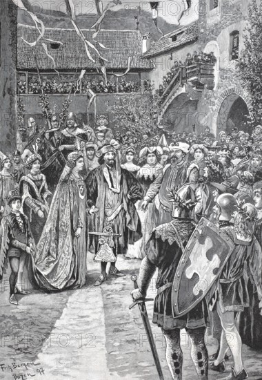Castle festival at Runkelstein, greeting of Oswald von Runkelstein and his wife, South Tyrol,