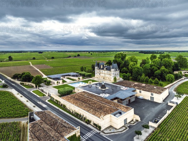 Chateau Pichon Longueville Baron Vineyard and grape fields around Pauillac from a drone, Bordeaux,