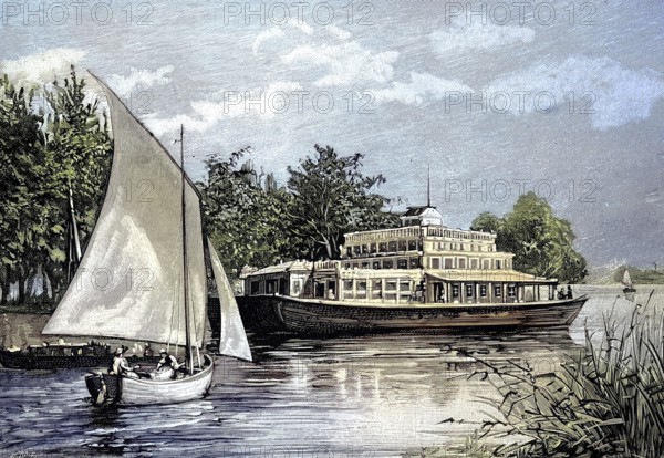 Houseboat, floating villa on the Thames, England, illustration from 1894, reproduction, digitally