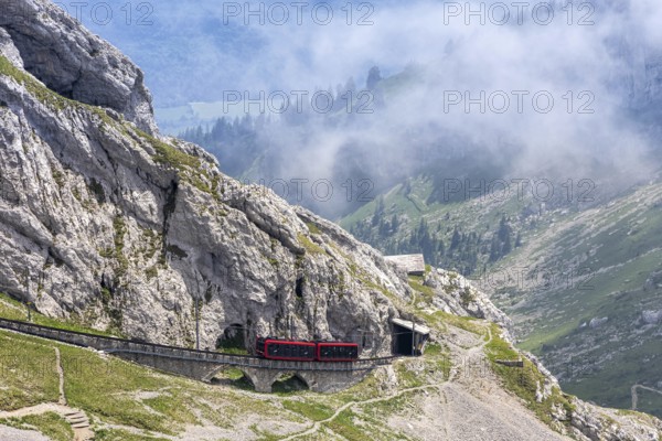Pilatus railway cogwheel railway just in front of the summit of Mount Pilatus in the Swiss Alps in
