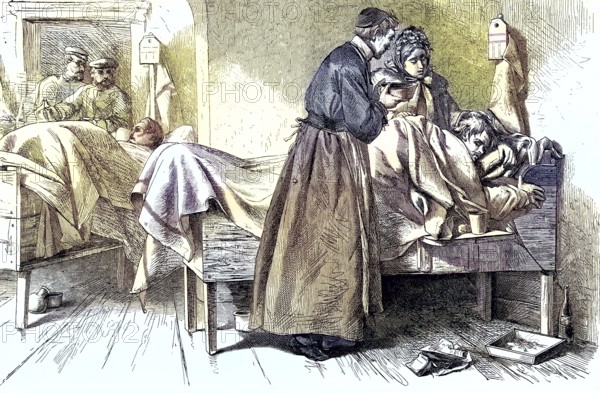In the Prussian main hospital in Flensburg, Germany, coloured woodcut from 1864, medical staff