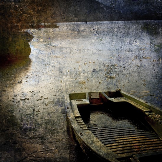 A weathered boat lies still on a serene water body at dusk, with reflections of light dancing on
