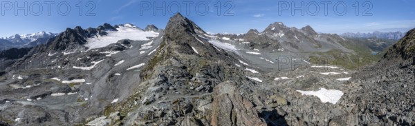 Panorama, rocky mountain landscape with glacier Glacier du Prafleuri, at Col de Prafleuri, Valais