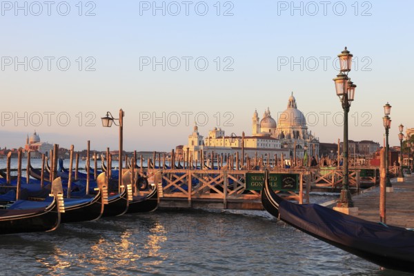 Gondolas in front of the Piazzetta behind the Basilca di Santa Maria della Salute, Vemedig, Veneto,