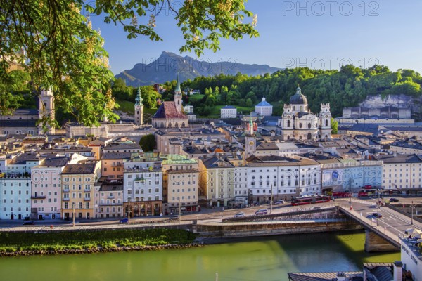 Panoramic view from the Kapuzinerberg over the Salzach river to the old town and the Untersberg