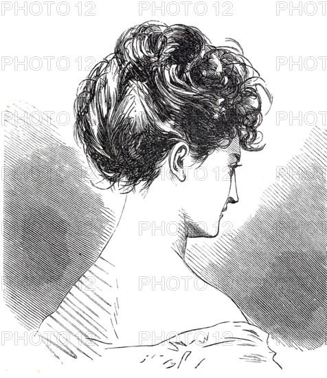 Women's heads, hairstyles and headgear around 1860, hairstyle a la Struwelpeter, short hairstyle,