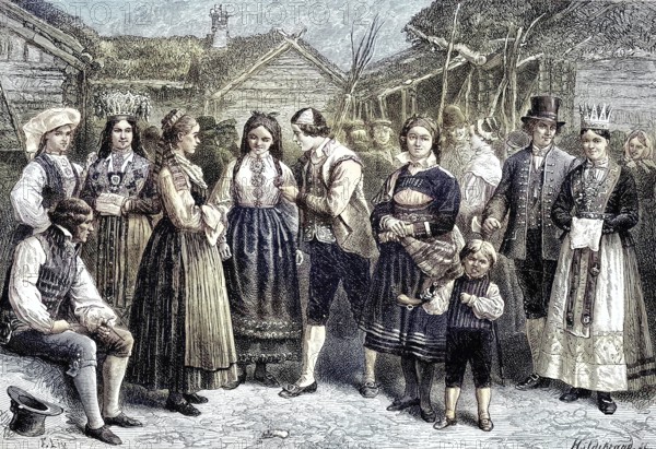 A group in Norwegian costumes, Norway, Illustration, published 1890, Reproduction, digitally