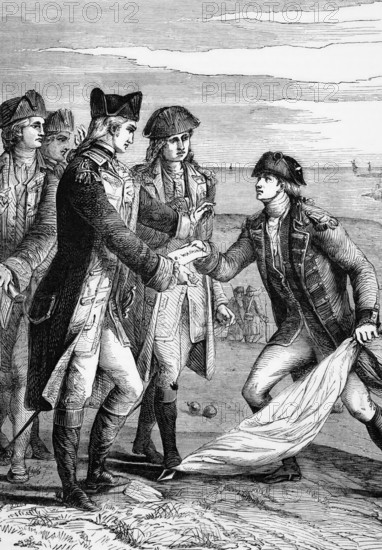 General George Washington accepts the white flag after the British surrender by Charles Cornwallis.