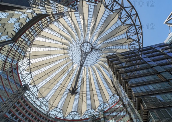 Low-angle view of the glass roof of Das Center at Potsdamer Platz, formerly known as the Sony