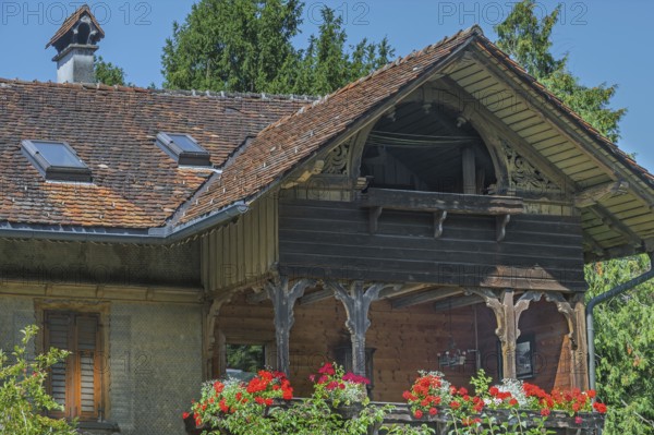 Old villa with wooden shingle façade, large balcony with floral decorations, around 1900, Dornbirn,