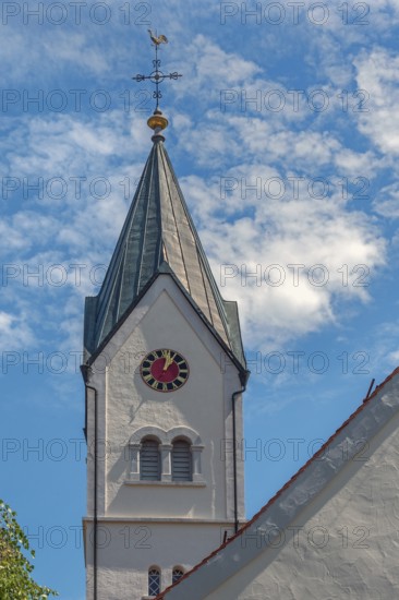 Church tower with clock and weathercock, Church of the Assumption of the Virgin Mary, Frauenzel,