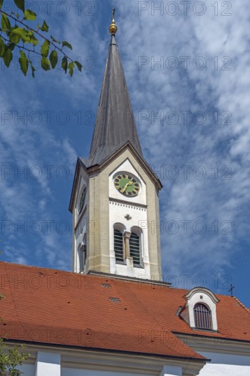 Church tower with clock, Church of the Assumption of the Virgin Mary, Frauenzel, Allgäu, Bavaria,