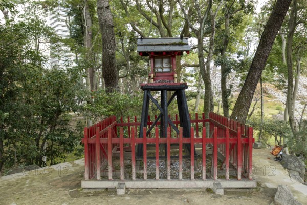 Inari-jinja Shrine on Mount Kifuku in Shukkei-en with blossoming cherry trees, sakura, and