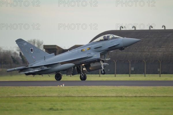 Eurofighter Typhoon military fighter jet aircraft of the Royal air force landing at RAF Coningsby