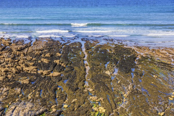 Beach by the sea at low tide with water pools and waves crashing on the shoreline a sunny summer