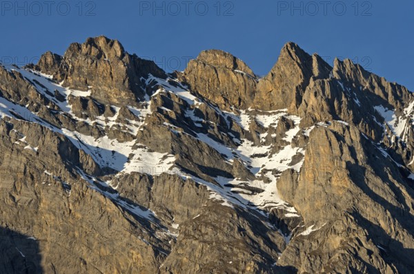 Mighty mountain range with snowfields, Haut de Cry summit chain, Vaud Alps, Mayens de Chamoson,