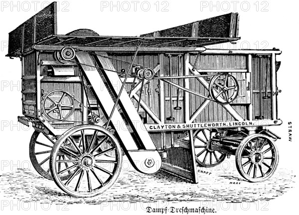 Steam threshing machine, threshing grain, inscription, Clayton and Shuttleworth, Lincoln, engine