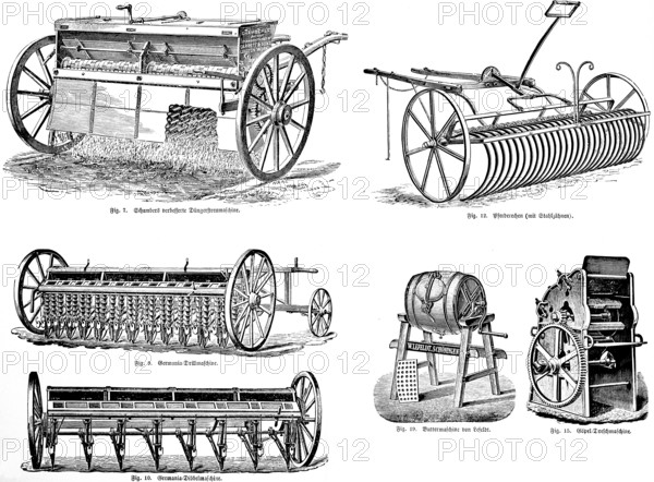 Schamberts improved fertiliser machine, horse rake with steel teeth, Germania seed drill and
